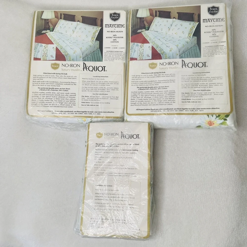 Vintage Pequot Maytime Yellow Daisy Floral Full Fitted Flat Sheet Pillowcase Set